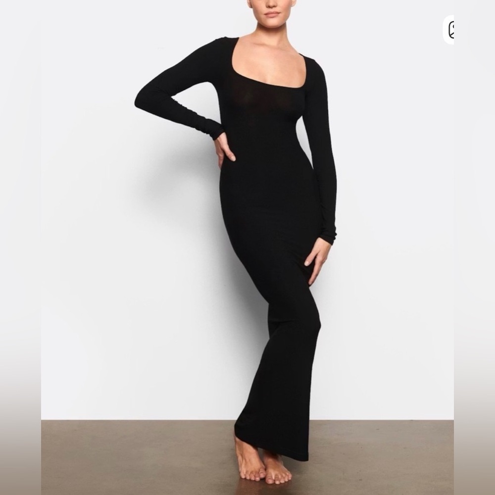 Skims onyx soft lounge rib dress long sleeve scoop neck maxi NWT
